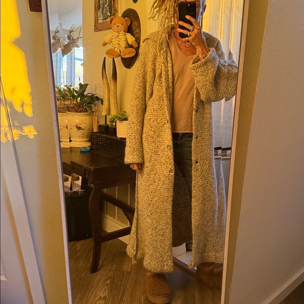 Handmade one of a kind knit Long Gray Coat duster sweater - Picture 6 of 11